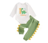 Bufarromio Infant Baby Boys 2Pcs Outfits 1St Birthday Dinosaur Print Long Sleeve Romper Elastic Waist Serrated Long Pants Clothes Set 6M-18M (Green, 12-18 Months)