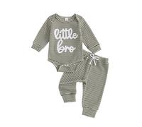 Bufarromio Infant Baby Boys 2Pcs Striped Outfits Little Bro Letter Embroidery Long Sleeve Romper Elastic Waist Long Trousers Clothes Set (Army Green, 1-3 Months)