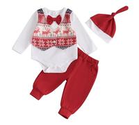 Bufarromio Infant Baby Boys Christmas 3pcs Outfits Fake 2pcs Long Sleeve Patchwork Romper Elastic Waist Long Pants Hat Newborn Clothes Set (Red, 0-3 Months)