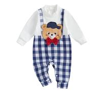 Bufarromio Infant Baby Boys Fall Cute Clothes Fake 2Pcs Long Sleeve Crew Neck Jumpsuit Bear Embroidery Plaid Romper Newborn Outfit 0-18M (White, 6-9 Months)