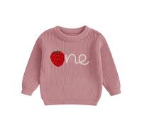 Bufarromio Infant Baby Girls First Birthday Cute Knit Sweater Long Sleeve Crew Neck Sweatshirt Strawberry One Letter Embroidery Jumper 9-18M (Dark Purple, 12-18 Months)