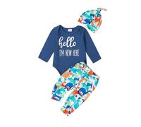 Bufarromio Infant Newborn Baby Boys 3pcs Fall Outfits Long Sleeve Letter Print Romper Dinosaur Print Long Pants Beanie Hat Set (Blue, 0-3 Months)