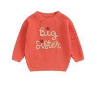 Bufarromio Little Baby Girls Casual Sweater Big Sister Letter Flower Embroidery Long Sleeve Knitwear Round Neck Fall Winter Pullover (Orange, 2-3 Years)