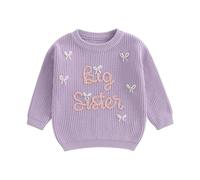 Bufarromio Little Baby Girls Casual Sweater Big Sister Letter Flower Embroidery Long Sleeve Knitwear Round Neck Fall Winter Pullover (Purple Bow, 3-4 Years)