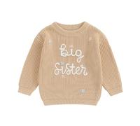 Bufarromio Little Baby Girls Casual Sweater Big Sister Letter Flower Embroidery Long Sleeve Knitwear Round Neck Fall Winter Pullover (Khaki White, 4-5 Years)