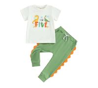 Bufarromio Little Kid Baby Boys Birthday 2Pcs Outfits Dinosaur Age Print Short Sleeve T-shirt Serrated Long Pants Clothes Set Tracksuit 18M-6T (White Five, 5-6 Years)