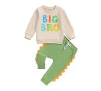 Bufarromio Little Kid Baby Boys Casual 2pcs Outfit LIL/BIG Bro Letter Print Long Sleeve Sweatshirt Dinosaur Serrated Long Pants Clothes Set (BIG Green, 3-4T)