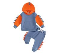 Bufarromio Little Kid Baby Boys Dinosaur Outfits Long Sleeve Serrated Hoodie Elastic Waist Sweatpants Fall Winter 2pcs Clothes Set (Blue, 3-4T)