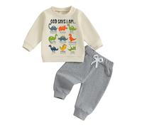 Bufarromio Little Kid Baby Boys Fashion 2Pcs Outfits Letter Dinosaur Print Long Sleeve Sweatshirt Elastic Waist Long Trousers Clothes Set (Beige, 18-24 Months)