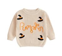 Bufarromio Little Kid Baby Girls Halloween Knit Sweater Pumpkin Witch Hat Embroidery Jumper Long Sleeve Crew Neck Chunky Pullover Top 0-6T (Khaki, 5-6 Years)