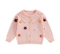 Bufarromio Little Kid Baby Girls Sweet Cardigan Sweater Flower Decorated Shirt Long Sleeve Dollar Knitwear Button Knitted Top 3M-4T (Pink, 2-3 Years)