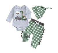 Bufarromio Newborn Baby Boys Fall Winter 3Pcs Outfits Birthday Dinosaur Print Long Sleeve Romper Serrated Long Pants Beanie Hat Clothes Set (Gray Plaid, 0-3 Months)