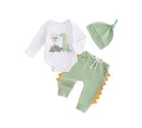 Bufarromio Newborn Baby Boys Fall Winter 3Pcs Outfits Dinosaur Print Long Sleeve Romper Serrated Long Pants Beanie Hat Clothes Set (White, 6-12 Months)