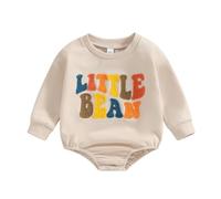 Bufarromio Newborn Infant Baby Boys Girls Casual Bubble Romper Long Sleeve Round Neck Jumpsuit Little Bean Embroidery Playsuit Sweatshirt (Apricot, 12-18 Months)