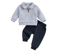 Bufarromio Toddler Baby Boys Casual 2Pcs Outfits Long Sleeve Half Zipper Lapel Collar Sweatshirt Elastic Waist Long Pants Clothes Set 0-3T (Sky Blue, 12-18 Months)