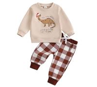 Bufarromio Toddler Baby Boys Fall Clothes Set Christmas Dinosaur Letter Print Top Plaid Pocket Pants Set Casual 2 Pcs Outfits For Newborn Boys (Khaki, 0-6 Months)