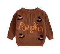 Bufarromio Toddler Baby Girls Halloween Knit Sweater Pumpkin Witch Hat Embroidery Jumper Long Sleeve Crew Neck Pullover Top 0-3T (Brown, 12-18 Months)