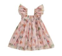 Bufarromio Toddler Girls Elegant Tulle Dress Casual Colorful Heart Print Tutu Mini Cute Flying Sleeves a Line Dress Fairy Dress for Kid Girls (Pink, 18-24 Months)