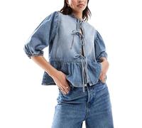 Bufarromio Women Fashion Fall Clothes Short Puff Sleeve Crew Neck Jean Blouse Front Tie Up Denim Shirt Ruffle Hem Peplum Top Streetwear (Blue, L)