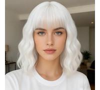 Bufashion Short Wavy Curly Wig for Women 14 Inch White Bob Wig Synthetic Halloween Cosplay Wig with Neat Fringe and Free Wig Cap (White 1)