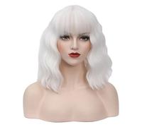 Bufashion Short Wavy Curly Wig for Women 14 Inch White Bob Wig Synthetic Halloween Cosplay Wig with Neat Fringe and Free Wig Cap (White 1)