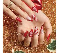 Bufenia 24Pcs Christmas Fake Nails Snowflake False Nails Almond Short Glossy Oval Press on Nails for Women and Girls (A)