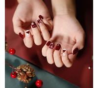 Bufenia 24Pcs Christmas Press on Nail Short Square Red Fake Nails Glitter Elk Snowflake False Nail Glossy Acrylic Full Cover Nails for Women and Girls (D)