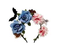 Bufeti Mexican Floral Headband Women Day of the Dead Flower Crown Bat Headpiece Accessories for Halloween Costume Headwear, Blue, Medium