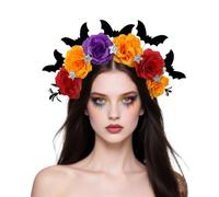 Bufeti Mexican Floral Headband Women Day of the Dead Flower Crown Bat Headpiece Accessories for Halloween Party Costume Cosplay Headwear (Orange, Medium)