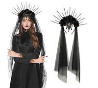 Bufeti Women's Black Gothic Halo Crown Flower Headband with Veil Sunburst Spike Crown Headpiece for Halloween Masquerade Party Cosplay Costume Hair Accessory