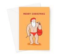 Buff Male Santa Merry Christmas Greeting Card | Sexy Santa Holding A Sack of Gifts Card, Funny LGBT Christmas Card for Gay Man