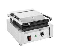 Buffalo Bistro Commercial Single Ribbed Contact Grill, 1.5kW | Heavy-duty cast iron plates lock in heat for consistent cooking, with a removable drip tray for effortless cleaning.