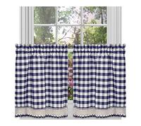 Buffalo Check Tier Pair Window Curtain Set - 58 Inch Width, 24 Inch Length - Navy & Ivory Plaid Drapes - Light Filtering Drapes for Kitchen, Bedroom, Living & Dining Room by Achim Home Decor