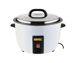 Buffalo Commercial Non-Stick Rice Cooker 4.2Ltr Dry CN324, White, 4Ltr | Yields 10L cooked rice in 35-40 mins. Stay-cool handles, heavy-duty lid, spatula, and measuring cup included.
