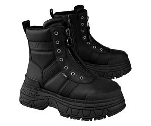 Buffalo FUSION FRONT ZIP Women’s Platform Combat Boots Black Vegan Nappa Front-Zip Booties - Black 6