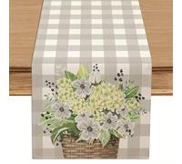 Buffalo Grid Hydrangea Basket Spring Table Runner , Seasonal Summer Table Decoration for Kitchen Dinning Home Party Holiday Decor 13x60 Inch