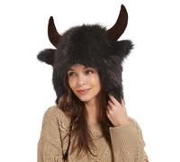 Buffalo Hat - Warm Soft Hairy with Horns Animal Hat Cosplay Costume Accessory | Bison Hats for Men Women Gift, Festival, Theme Party, Adventure