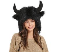 Buffalo Hat with Horns - Warm Plush Horn Hat,Fluffy Ears Hats for Halloween Gift for Men Women for Animal Cosplay Festival Theme Party