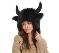 Buffalo Hat with Horns - Warm Plush Winter Earmuffs with Horns,Ear Headwear for Halloween, Gift for Men and Women for Animal Cosplay Festival Theme Party Outdoor Adventure