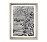 Buffalo & Herdsman By Kawanabe Kyosai Asian Japanese Framed Wall Art Print, Ready to Hang Picture for Living Room Bedroom Home Office Décor, Oak A3 (34 x 46 cm)
