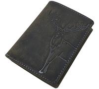 Buffalo Leather Wallet with Deer Motif in Vertical Format or Oblong Format with RFID and NFC Blocking in Brown, Model 1 - Portrait Format - Vintage Grey, One Size, Vintage