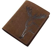 Buffalo Leather Wallet with Deer Motif in Vertical Format or Oblong Format with RFID and NFC Blocking in Brown, Model 1 - Portrait Format - Brown, One Size, One Size