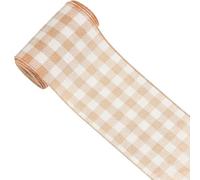 Buffalo Plaid Burlap Ribbon, 4 Inch Width, Wired Edge, Farmhouse Decor, Tartan Check Pattern (Tan/White, 4 Inch)