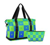 Buffalo Plaid Check Blue Green Heart Gradient Large Gym Bag Carry on Bag with Toiletry Bag for Gym Foldable, buffalo plaid check blue green heart gradient, One Size