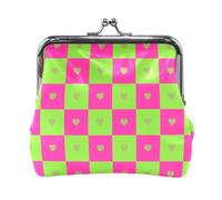 Buffalo Plaid Check Heart Green Deep Peach Women's Small Leather Coin Purse Portable Jewelry Organizer for Women