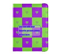 Buffalo Plaid Check Heart Green Purple customize Leather Passport Holder Cover Travel Passport Wallet With Vaccination Card Slot Badge ID Vaccine Card Holder Wallet Lightweight, buffalo plaid check