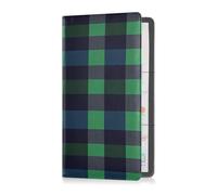 Buffalo Plaid Check Navy Blue Green Premium Leather Registration and Insurance Card Holder Vehicle Glove Box Organizer for Driver License, Cards & Essential Documents