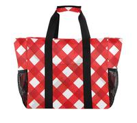 Buffalo Plaid Checked Red White Utility Beach Tote Foldable With Pockets with Handles Beach Bag Tote, Buffalo plaid checked red white, One Size, Fashion