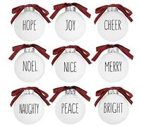 Buffalo Plaid Christmas Tree Ornaments - Set of 9 Shatterproof Bulbs - Rae Dunn Inspired Word Ornaments - Rustic Farmhouse Xmas Decorations - Matte White Bulbs with Red & Black Buffalo Check Bows