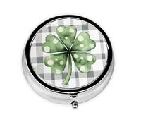 Buffalo Plaid Cover Small Pill Box 3 Compartment Portable Pill Box for Purse Pocket 4 Leaf Clover Mini Medicine Organiser for Daily Vitamin Fish Oil Storage